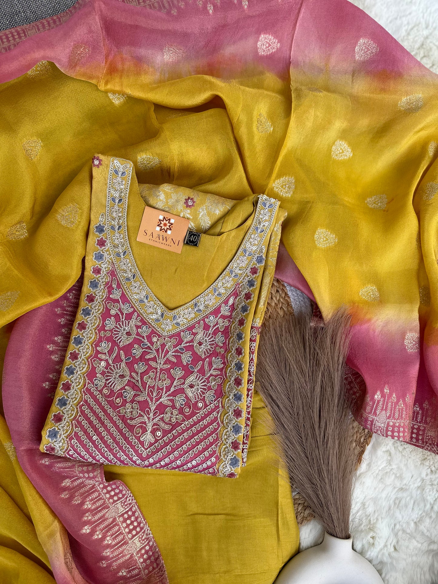 Mustard/Pink Kurta Set with bottom and dupatta