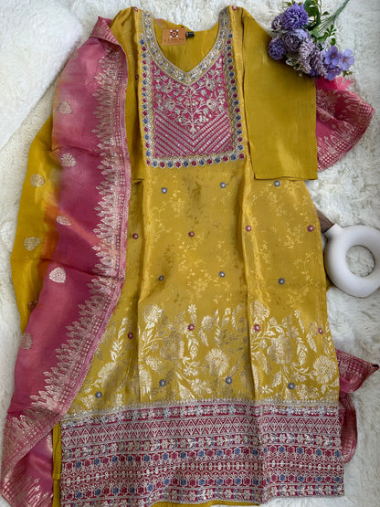 Mustard/Pink Kurta Set with bottom and dupatta