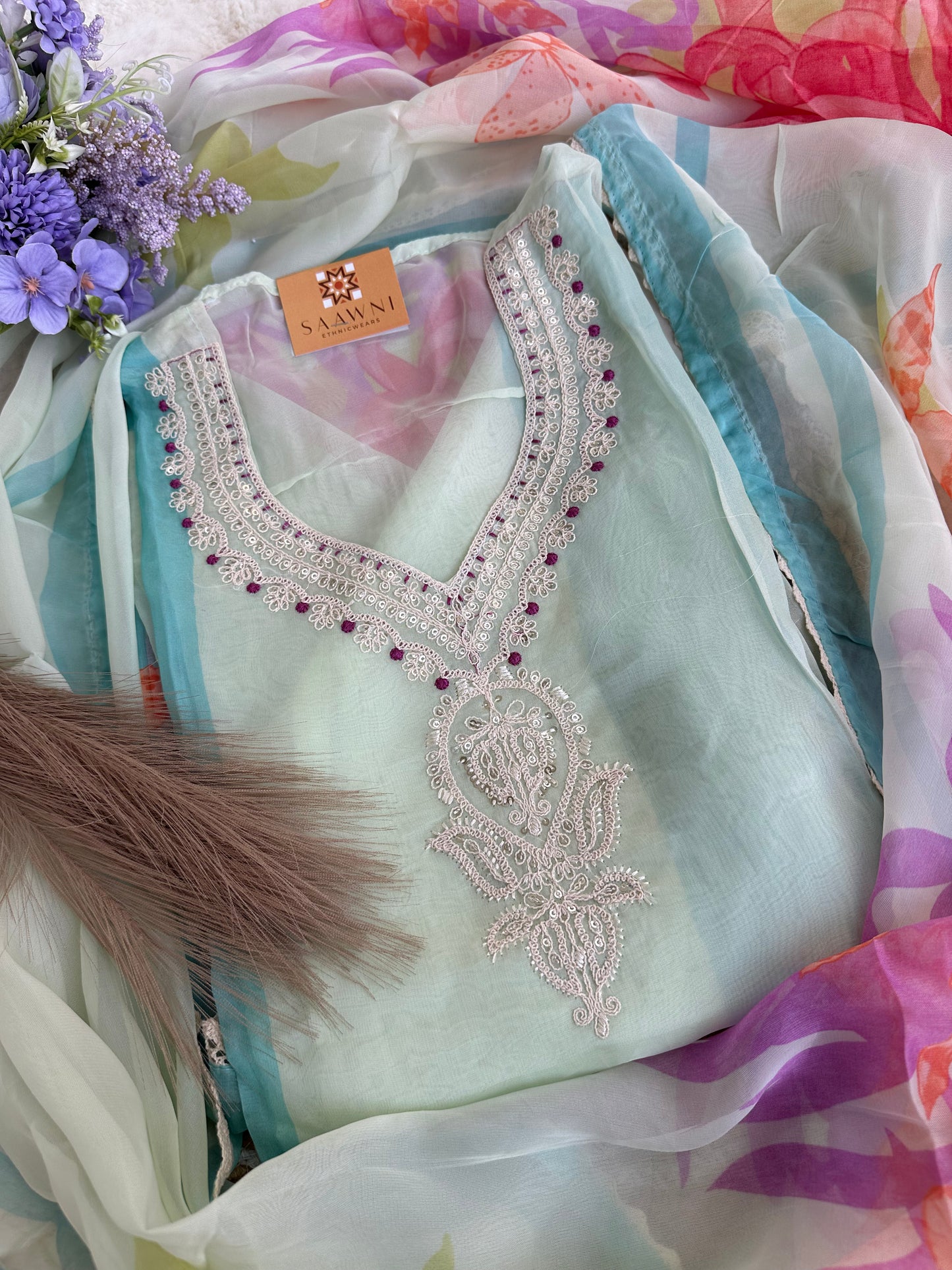 Unstitched organza suit with bottom and dupatta