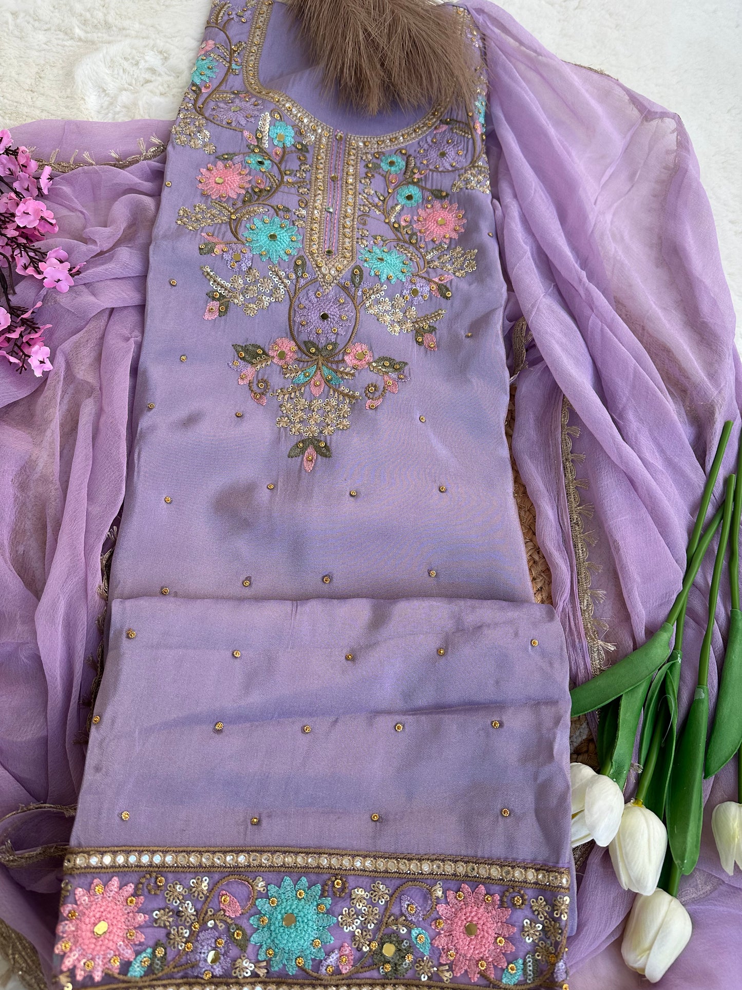 Lavender Handwork Unstitched Suit Set