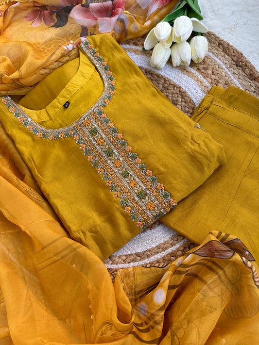 Roman Silk Kurta set with pant and digital print dupatta-Mustard