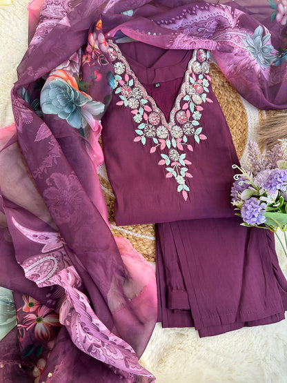 Roman Silk Kurta set with bottom and digital print dupatta-Purple