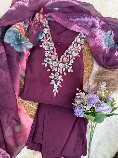 Roman Silk Kurta set with bottom and digital print dupatta-Purple