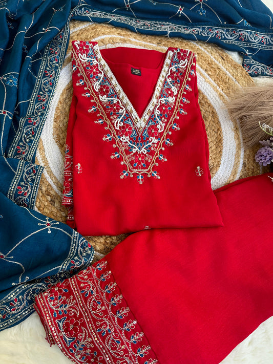 Red Kurta set with blue dupatta