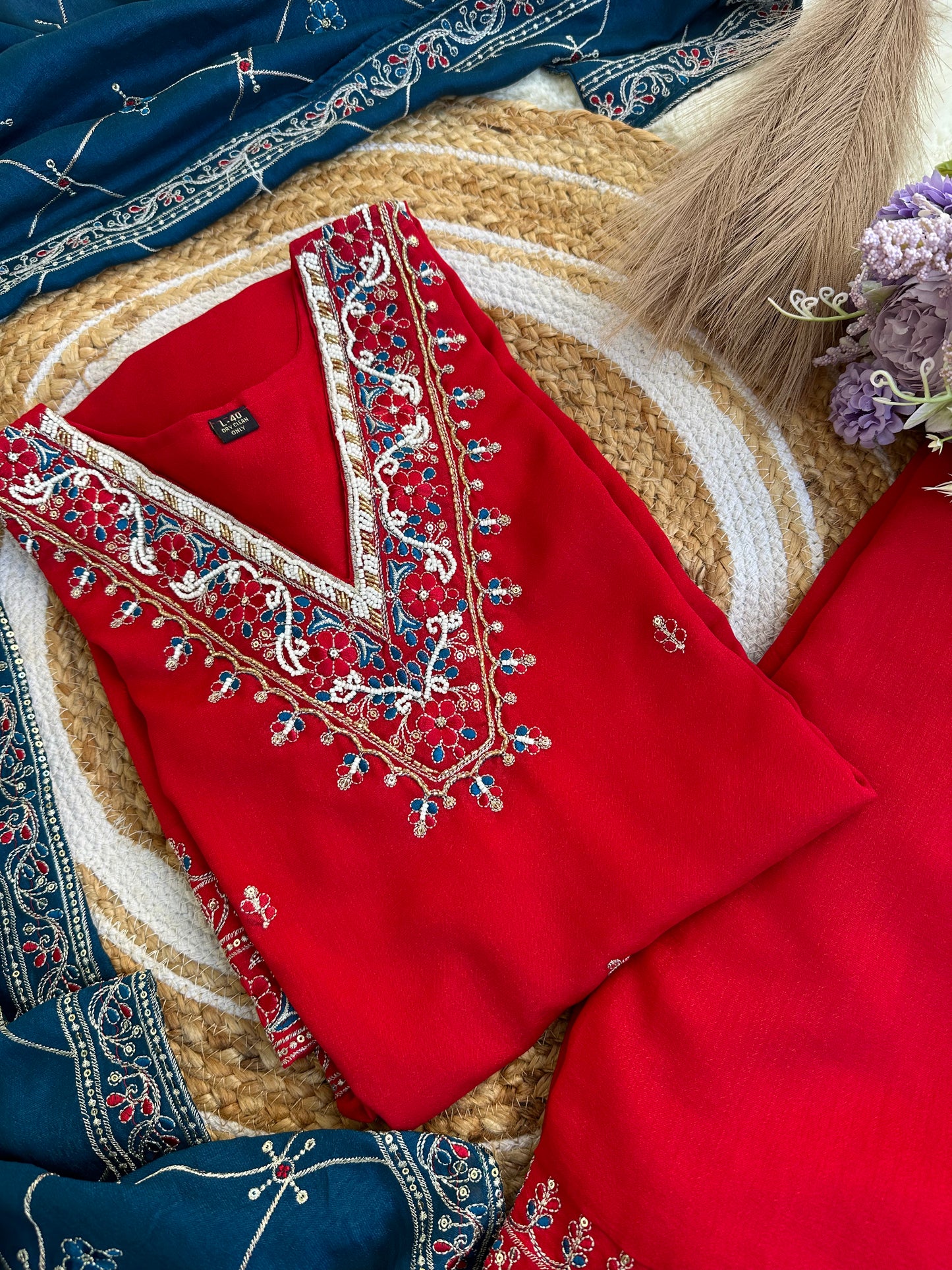 Red Kurta set with blue dupatta