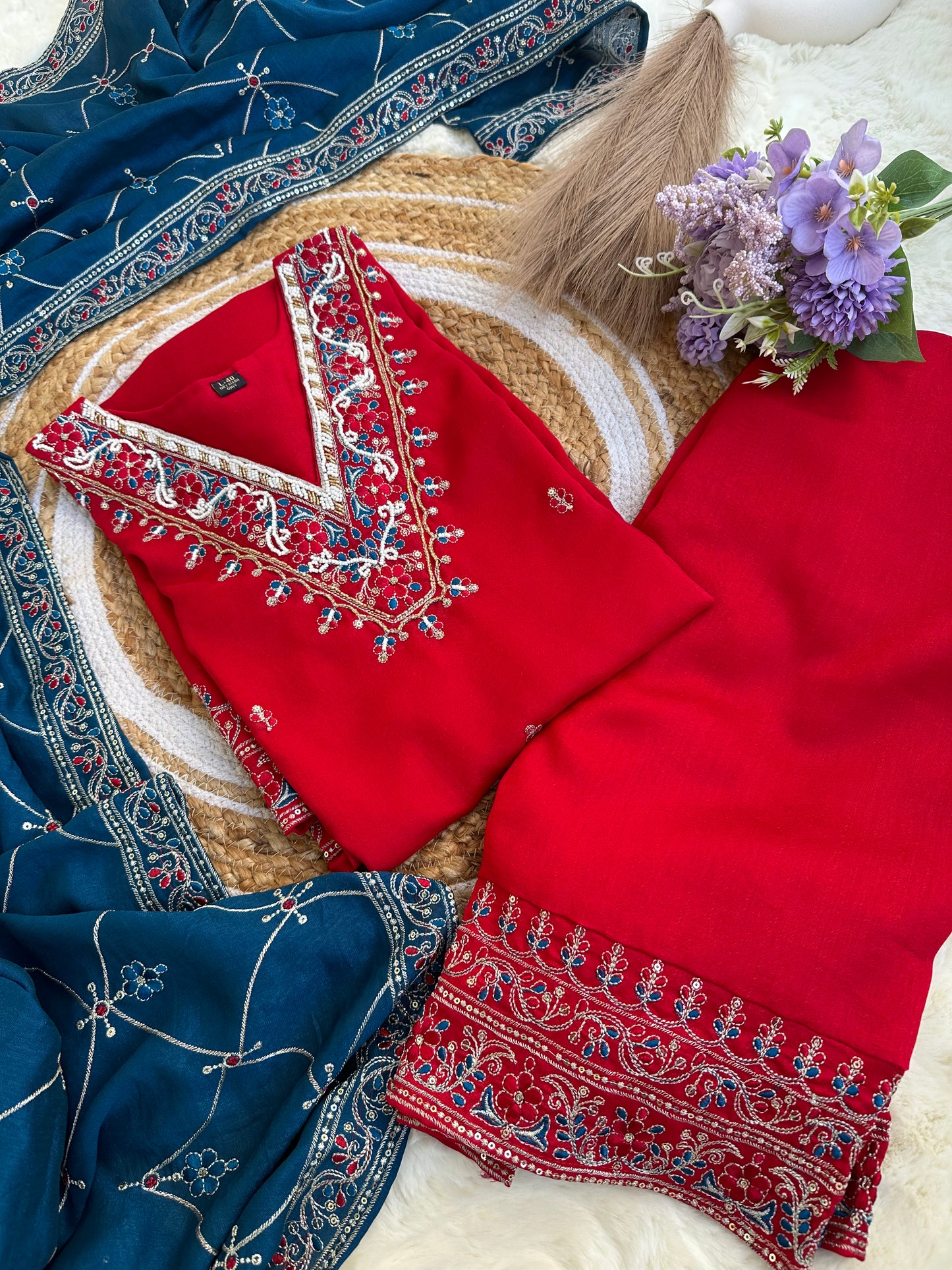 Red Kurta set with blue dupatta