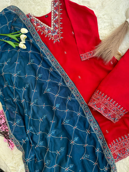 Red Kurta set with blue dupatta