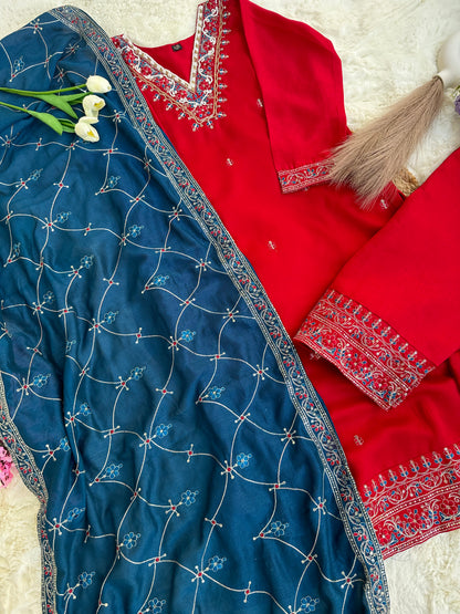 Red Kurta set with blue dupatta