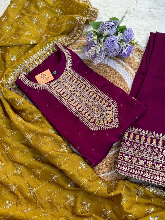 Wine Color Full Handwork Kurta with Palazzo and Mustard Dupatta