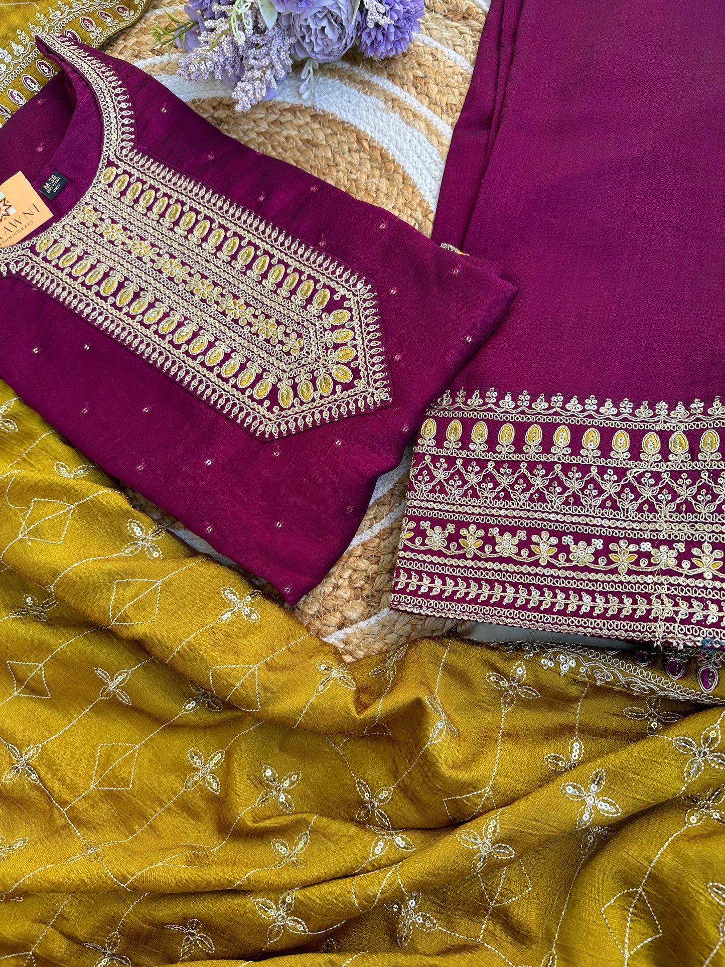 Wine Color Full Handwork Kurta with Palazzo and Mustard Dupatta