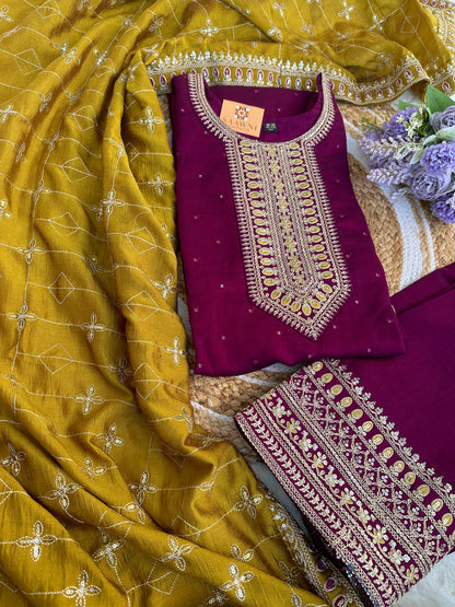 Wine Color Full Handwork Kurta with Palazzo and Mustard Dupatta