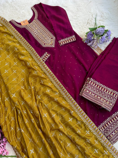 Wine Color Full Handwork Kurta with Palazzo and Mustard Dupatta