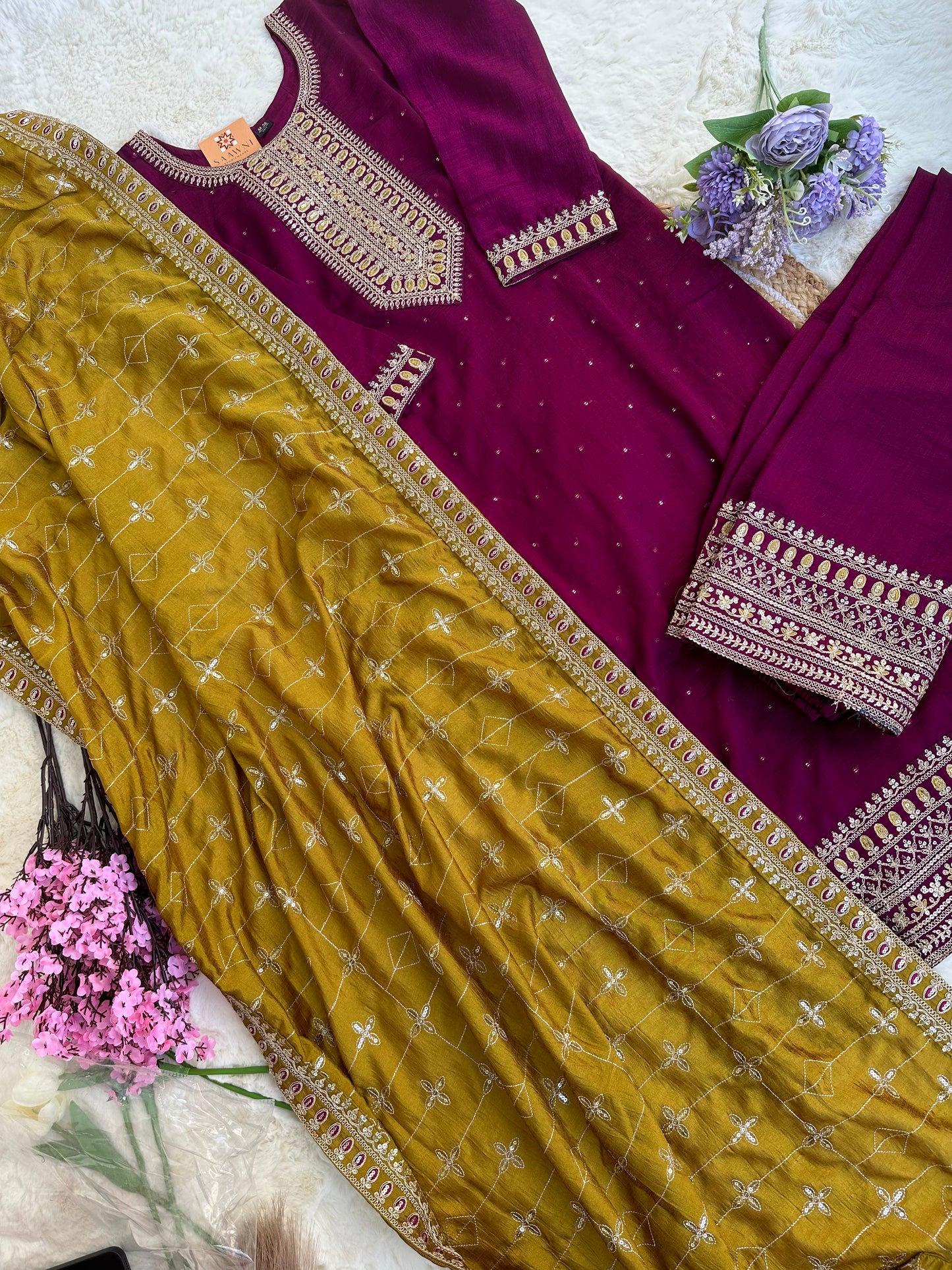 Wine Color Full Handwork Kurta with Palazzo and Mustard Dupatta