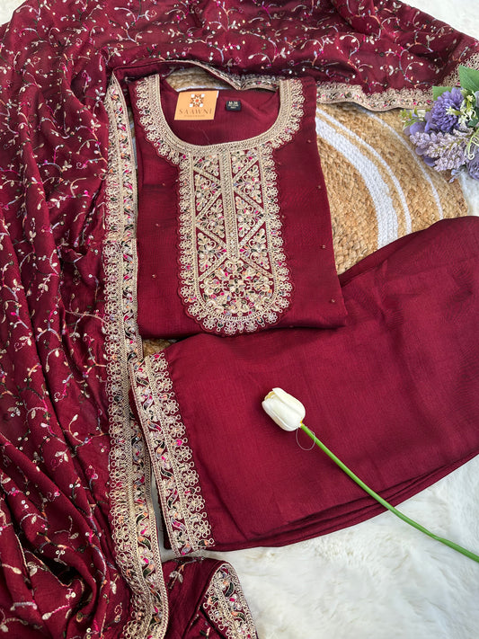 Brown Kurta set with Palazzo and Dupatta