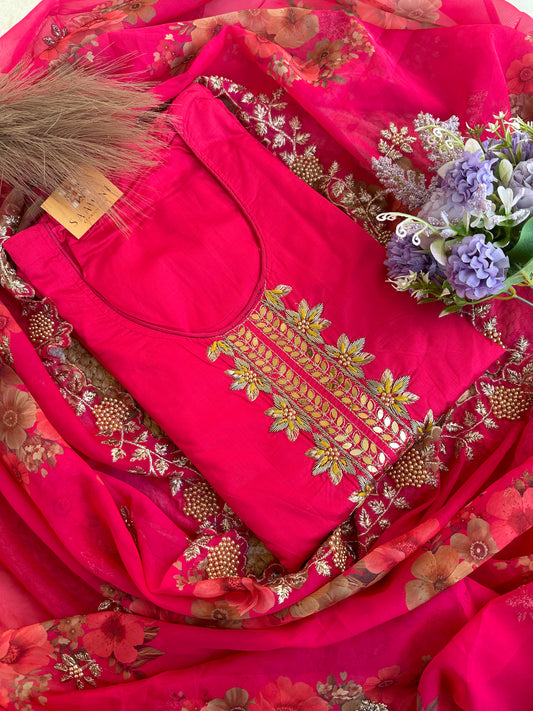 Unstitched pink suit set with digital print dupatta