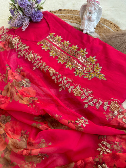 Unstitched pink suit set with digital print dupatta