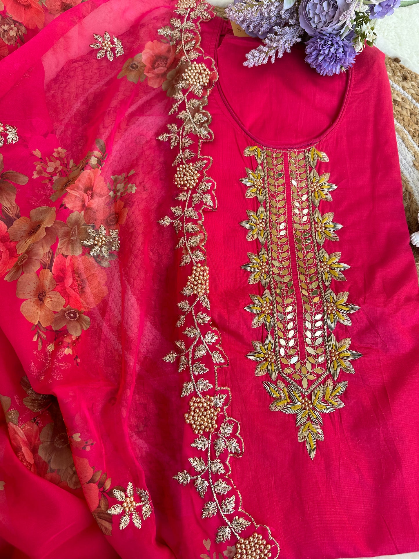 Unstitched pink suit set with digital print dupatta