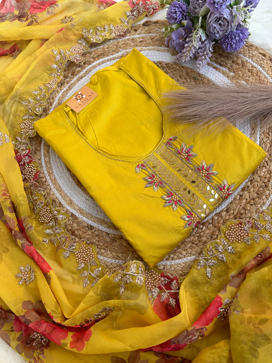 Unstitched yellow suit set with digital print dupatta