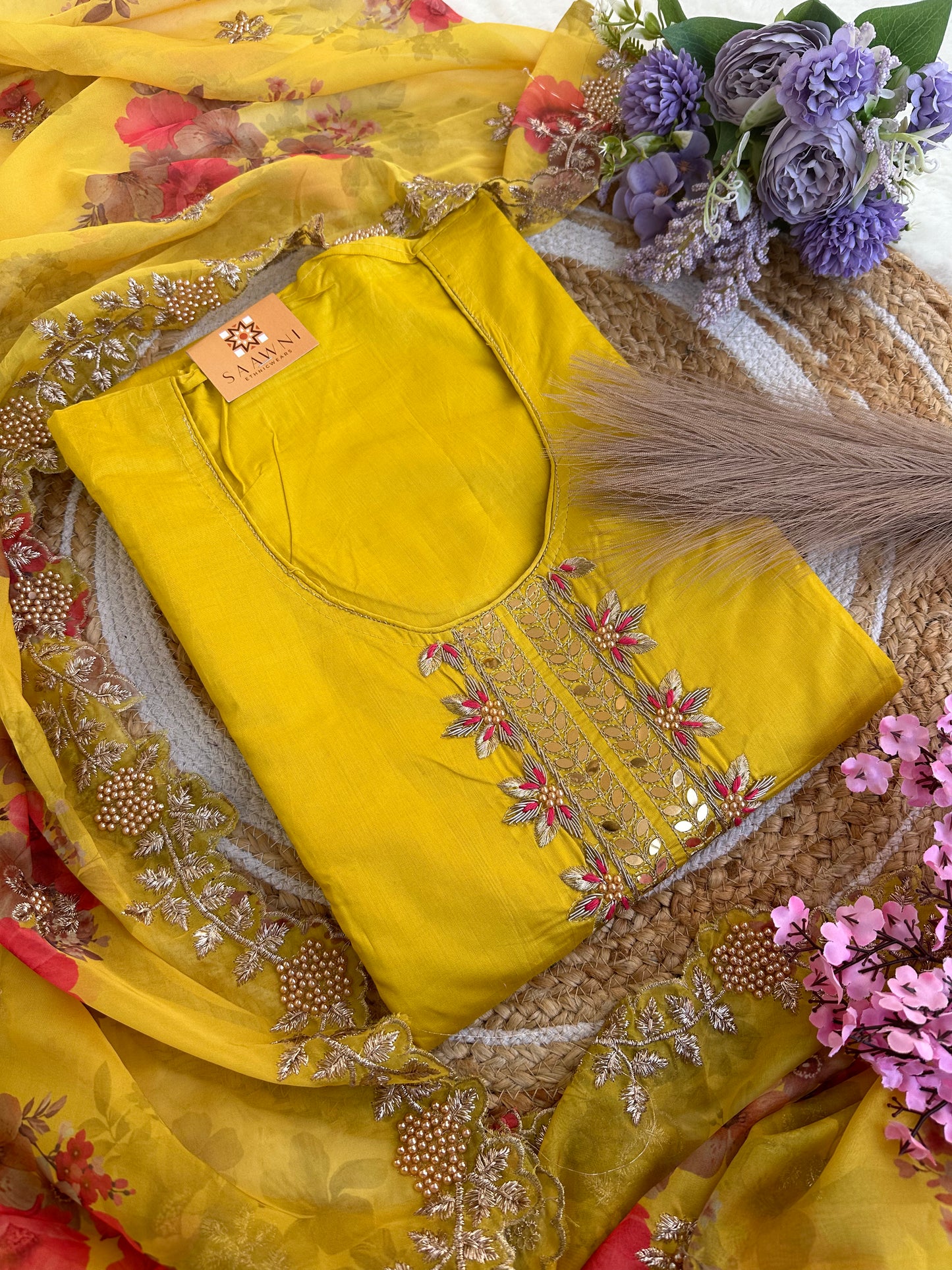 Unstitched yellow suit set with digital print dupatta