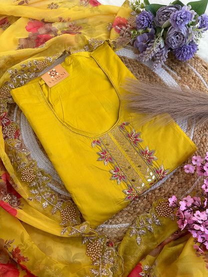 Unstitched yellow suit set with digital print dupatta