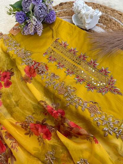 Unstitched yellow suit set with digital print dupatta