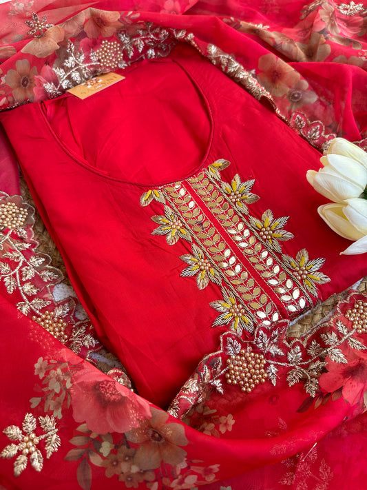 Unstitched red suit set with digital print dupatta