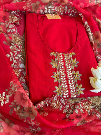 Unstitched red suit set with digital print dupatta