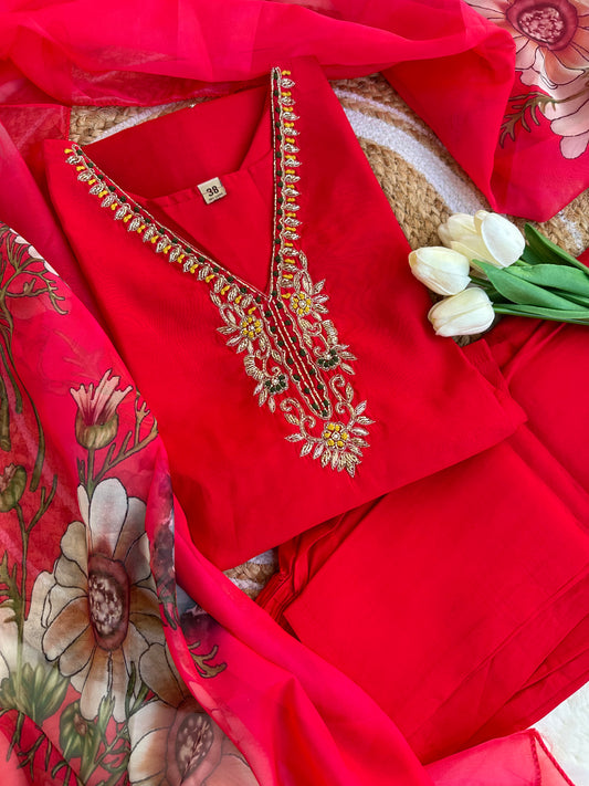 Red kurta with pant and digital print dupatta