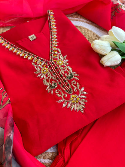 Red kurta with pant and digital print dupatta