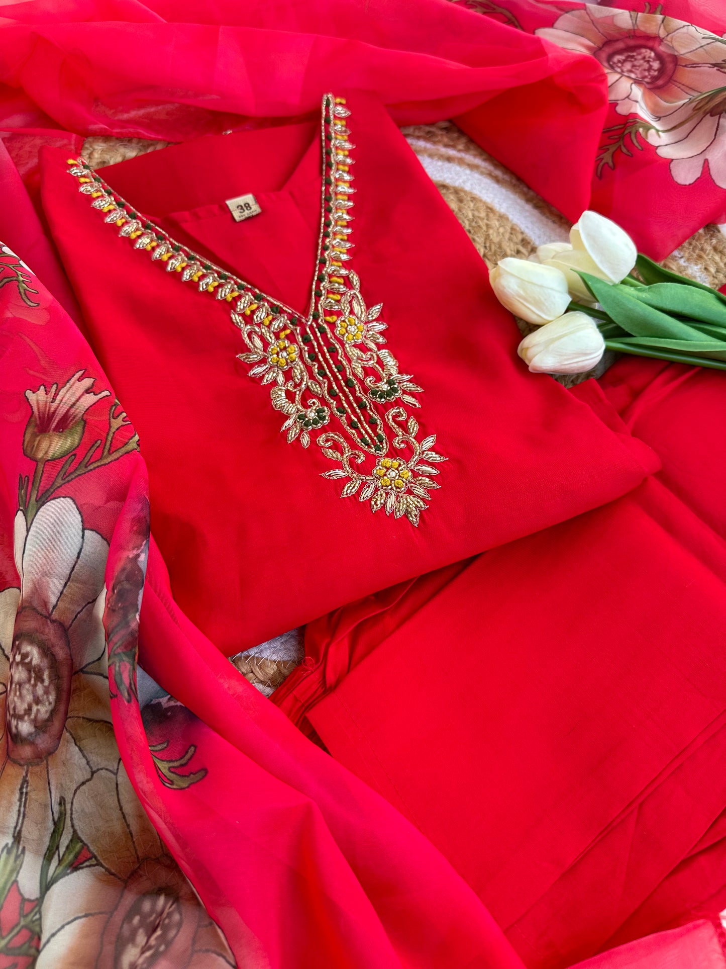 Red kurta with pant and digital print dupatta