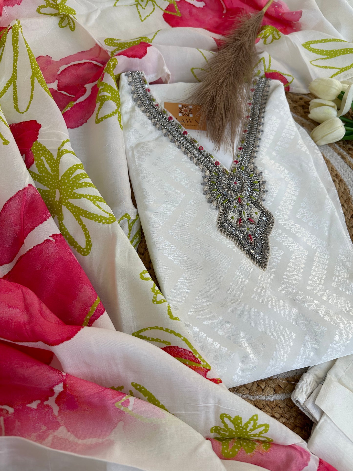 White kurta with pant and floral print dupatta