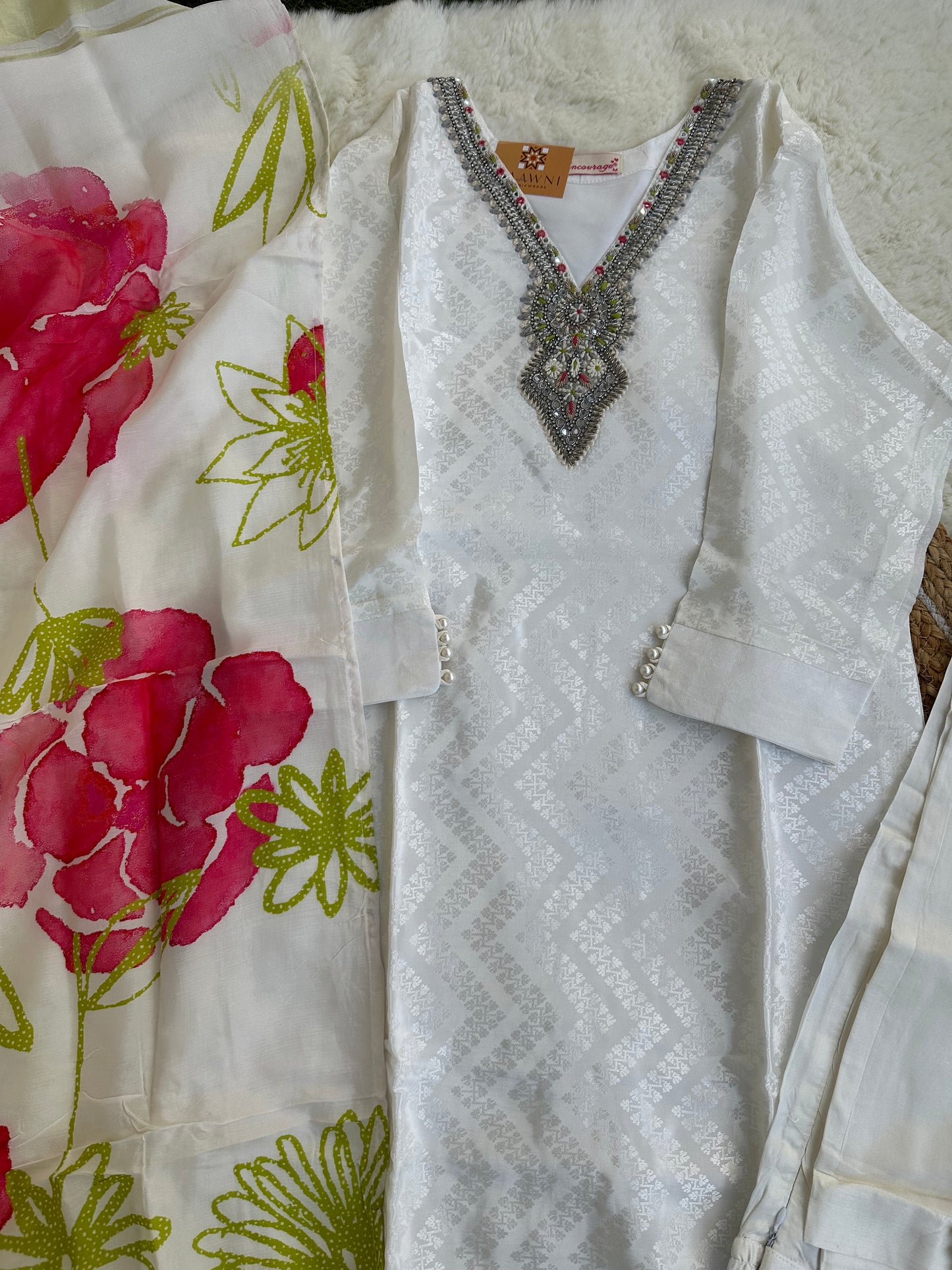 White kurta with pant and floral print dupatta