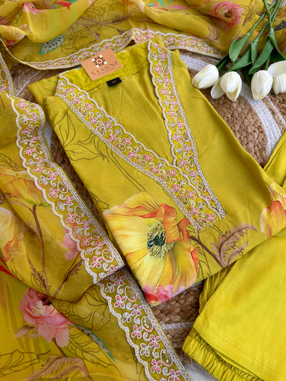 Mustard yellow floral kurta with pant and dupatta