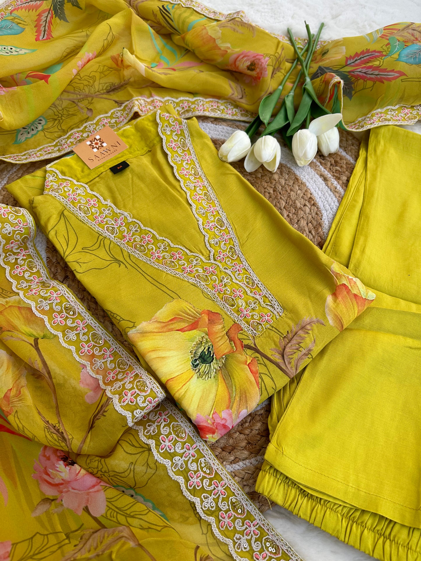 Mustard yellow floral kurta with pant and dupatta