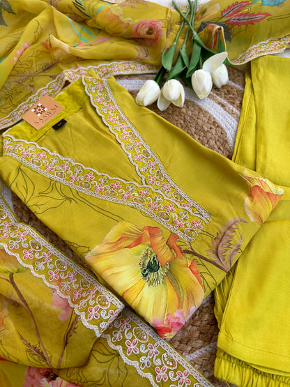 Mustard yellow floral kurta with pant and dupatta