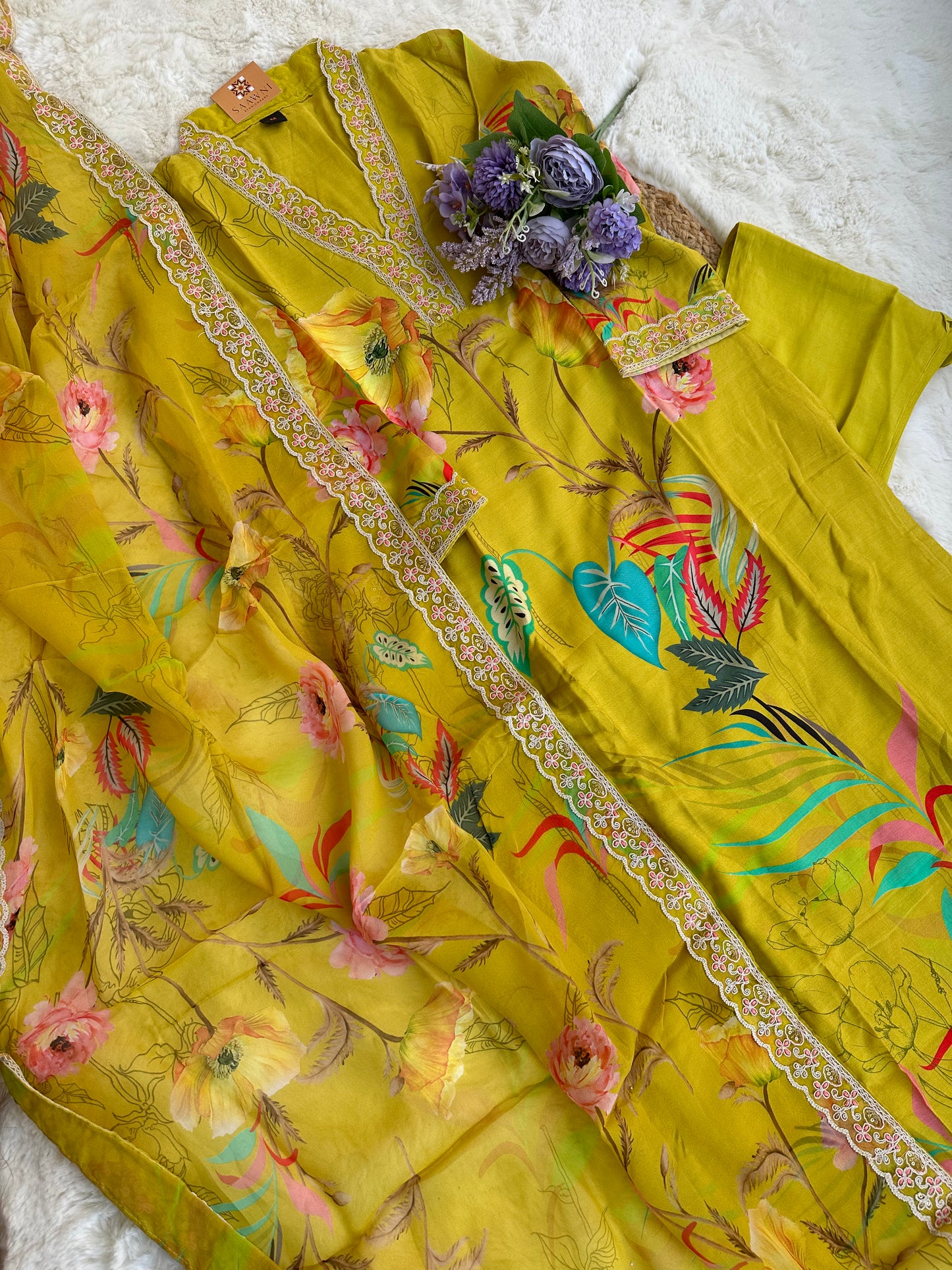 Mustard yellow floral kurta with pant and dupatta