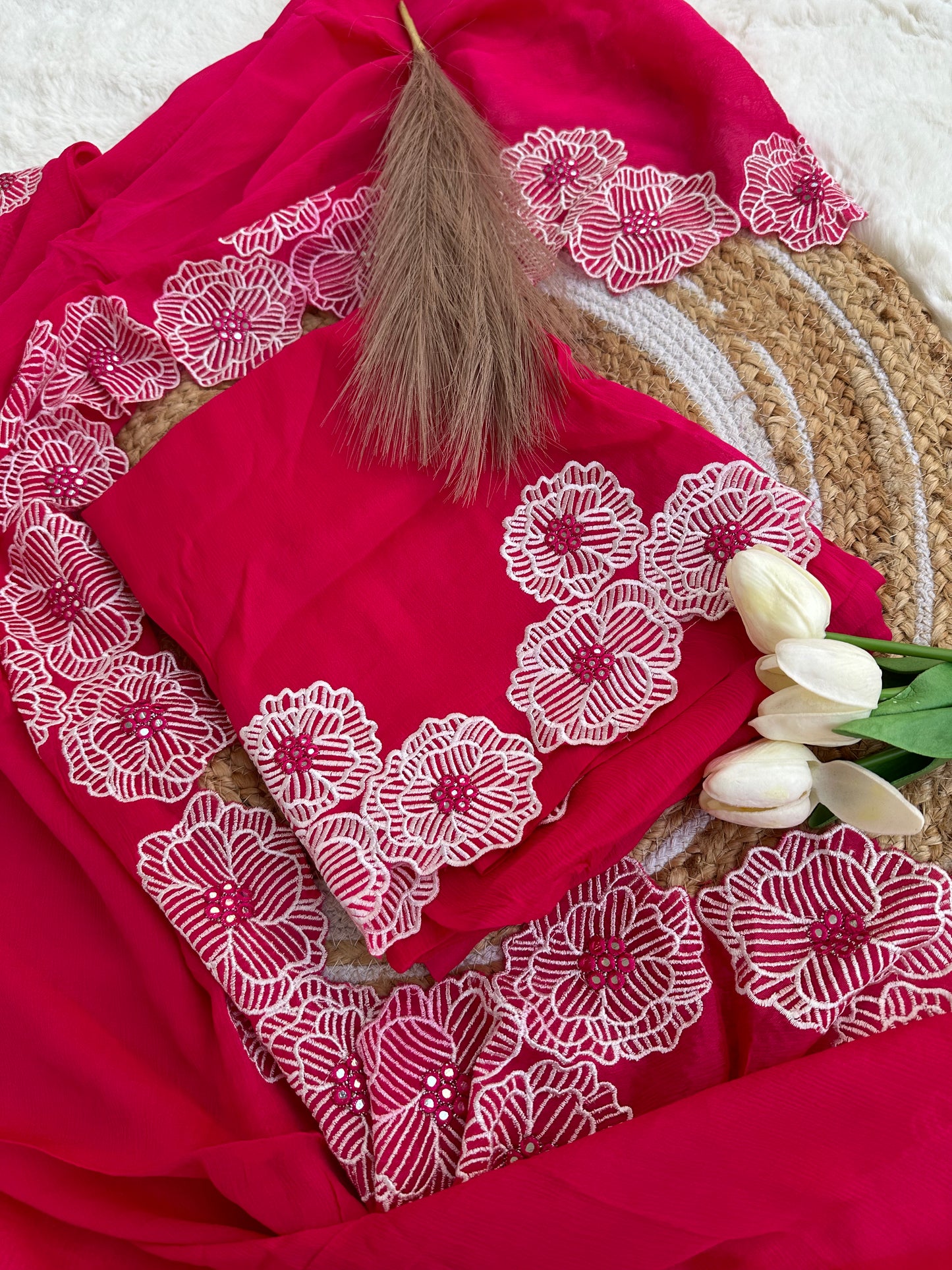 Unstitched pink cut work suit set