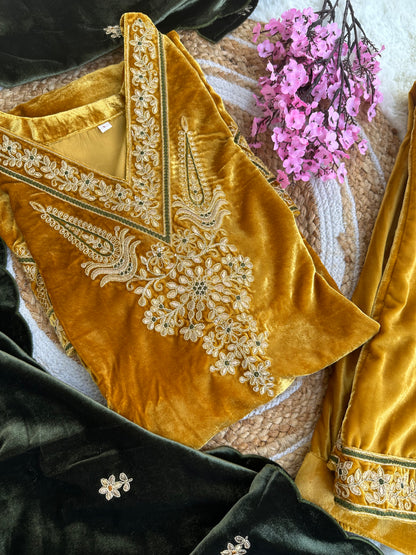 Velvet kurta with bottom and contrast dupatta