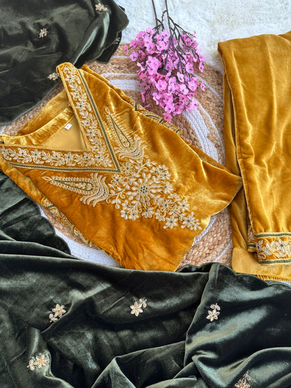 Velvet kurta with bottom and contrast dupatta