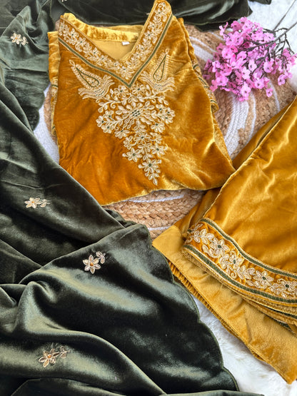 Velvet kurta with bottom and contrast dupatta