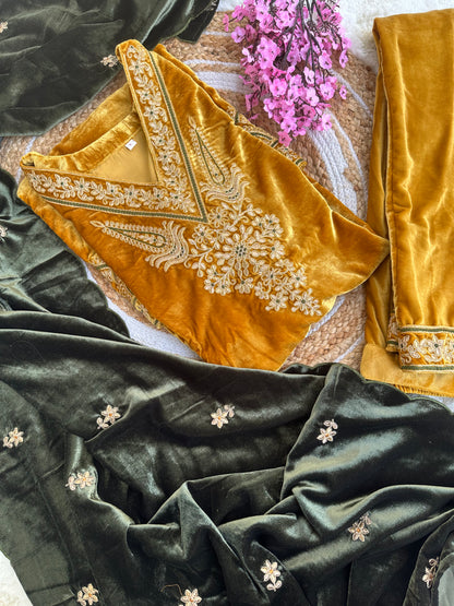 Velvet kurta with bottom and contrast dupatta