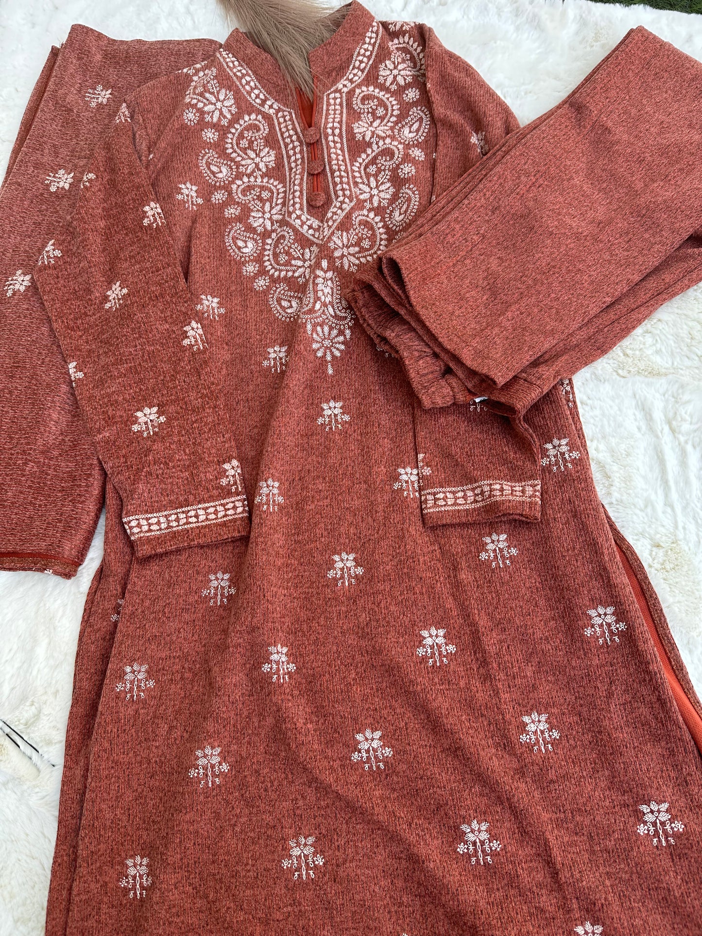 Woolen kurta with pant and dupatta- Brown