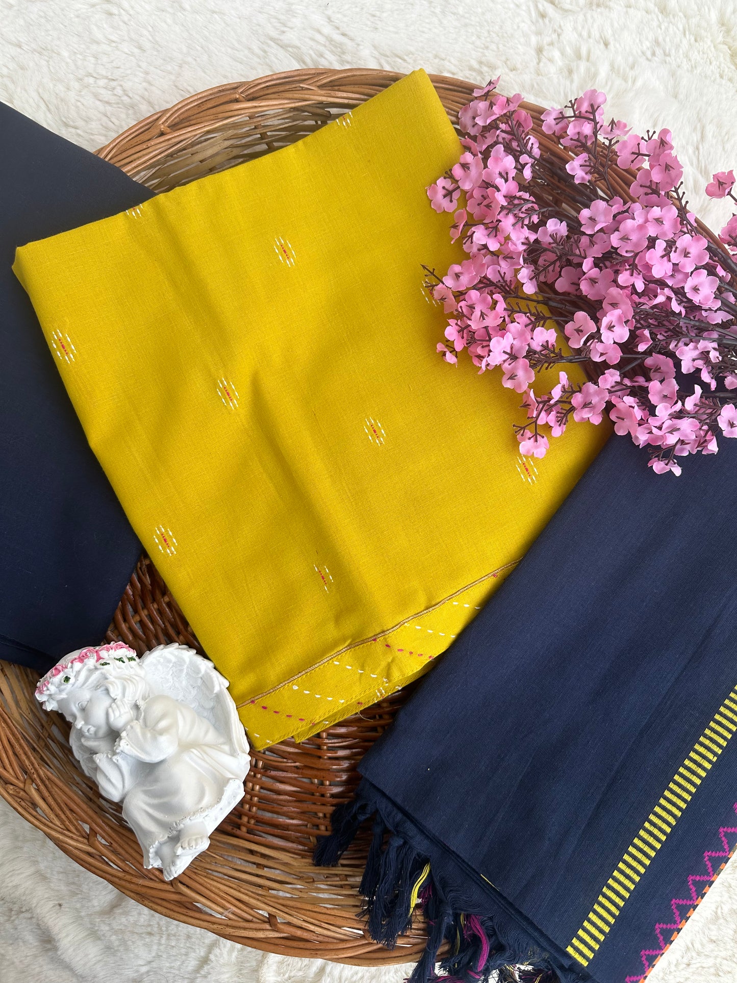Unstitched cotton mustard and blue suit set