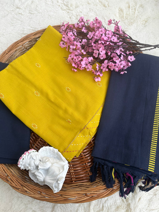 Unstitched cotton mustard and blue suit set