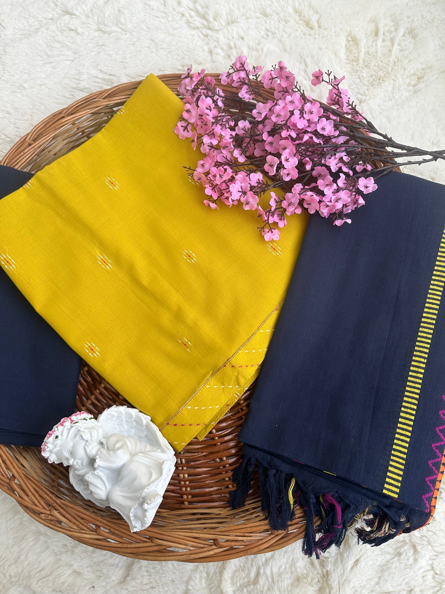 Unstitched cotton mustard and blue suit set