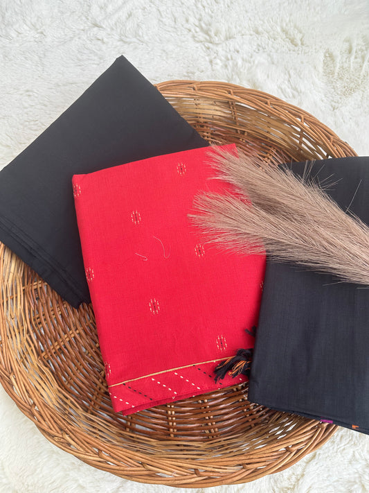 Unstitched cotton red and black suit set
