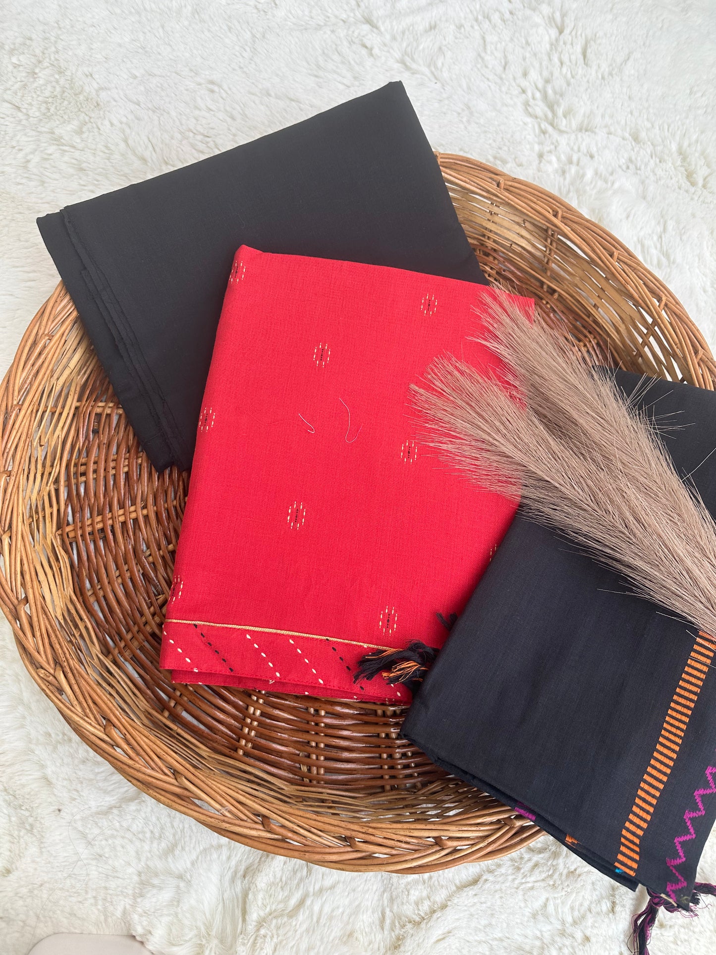 Unstitched cotton red and black suit set