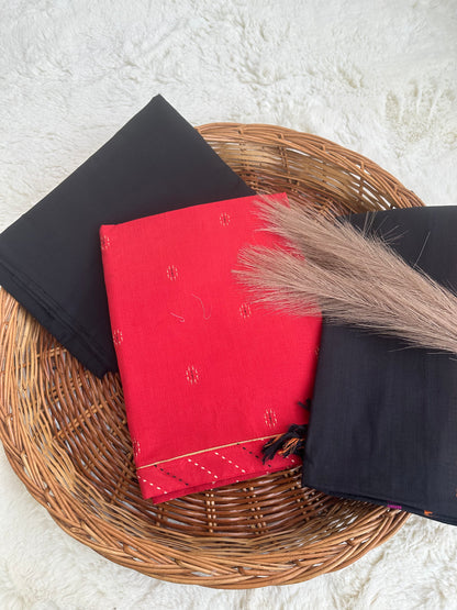 Unstitched cotton red and black suit set
