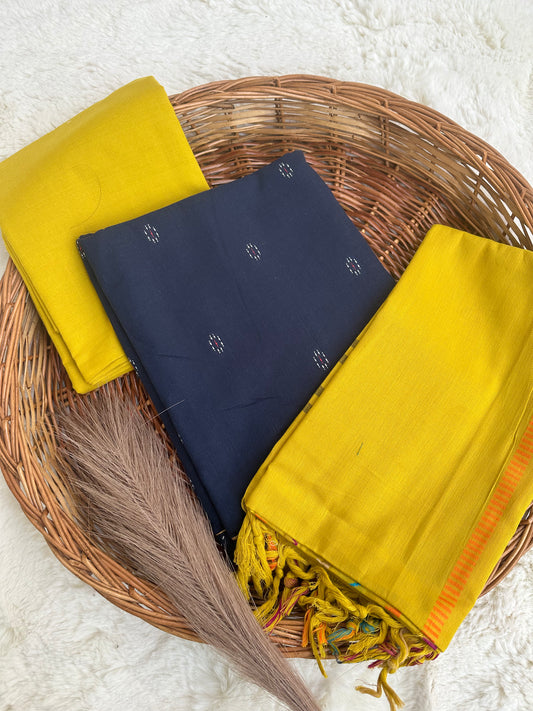 Unstitched cotton blue and mustard suit set