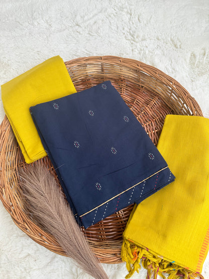 Unstitched cotton blue and mustard suit set